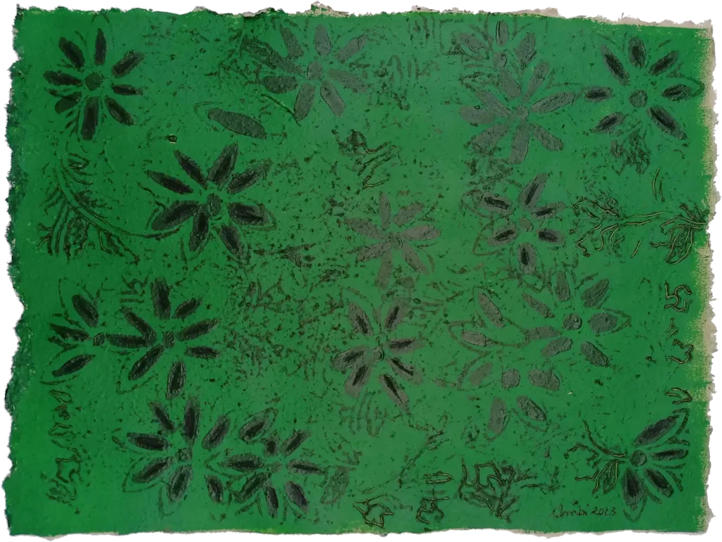 Uni-Vert, 2023, Brûlures et acrylique sur papier végétal Antemoro de Madagascar, 33 x 45 cm
