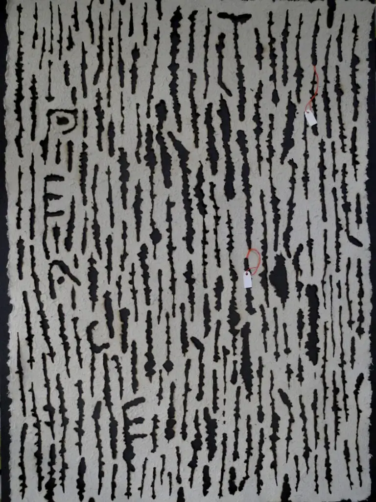 Price Peace Please, 2015, Brûlures et étiquettes sur papier végétal Antemoro de Madagascar, 68 x 48 cm